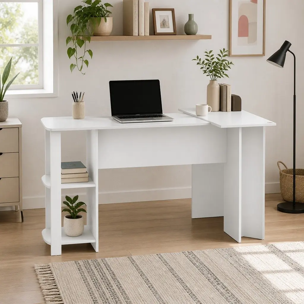 L-Shaped White Computer Desk with Open Shelves