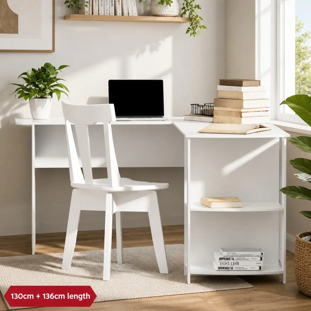 L-Shaped White Computer Desk with Open Shelves