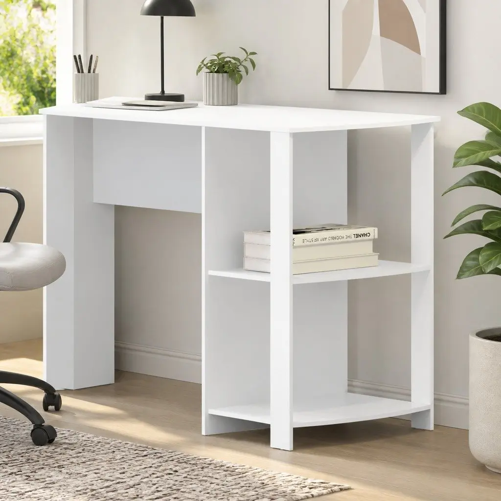 L-Shaped White Computer Desk with Open Shelves