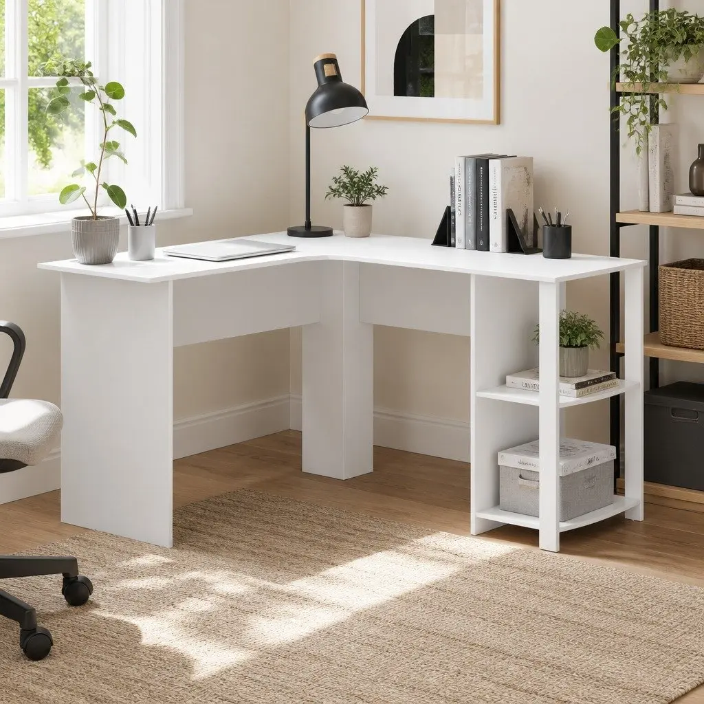 L-Shaped White Computer Desk with Open Shelves