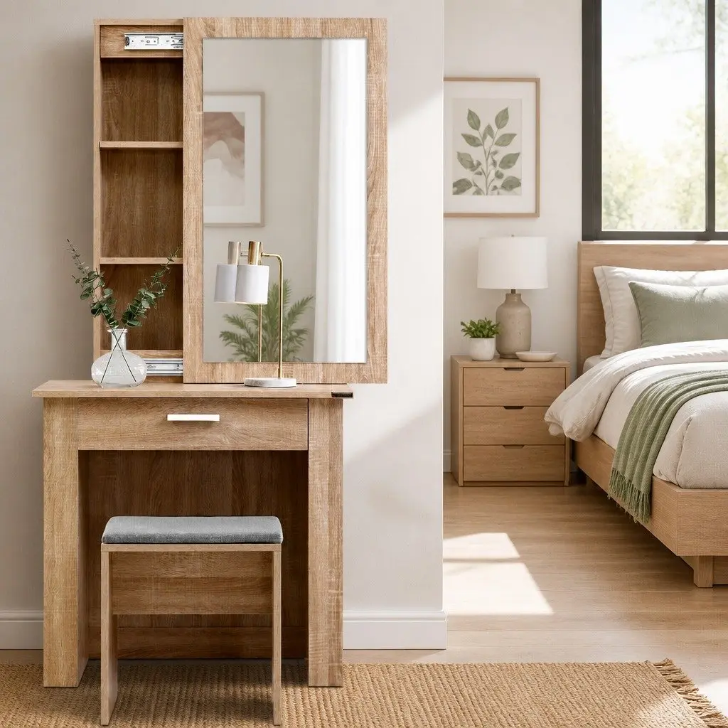Wood Bedroom Vanity Stool Set with Sliding Mirror