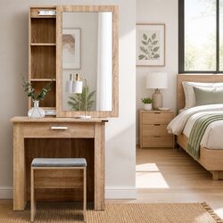Wood Bedroom Vanity Stool Set with Sliding Mirror