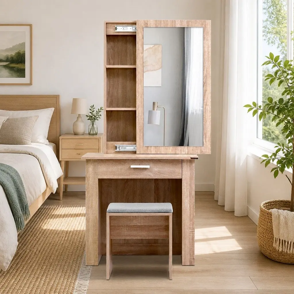 Dressing Table Set Wood Sliding Mirror Bedroom Vanity Storage with Stool