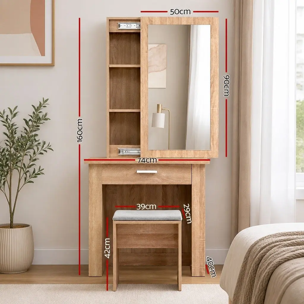 Dressing Table Set Wood Sliding Mirror Bedroom Vanity Storage with Stool