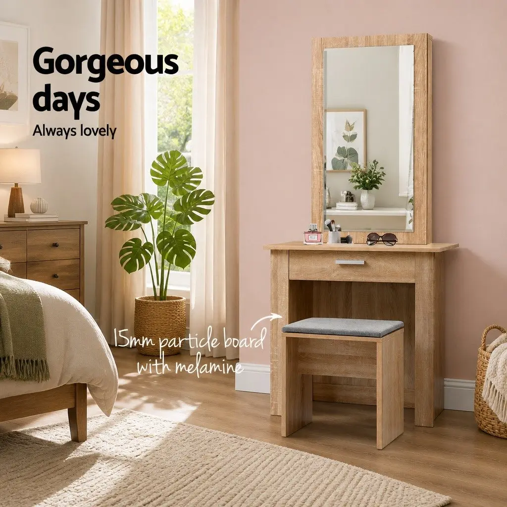 Dressing Table Set Wood Sliding Mirror Bedroom Vanity Storage with Stool