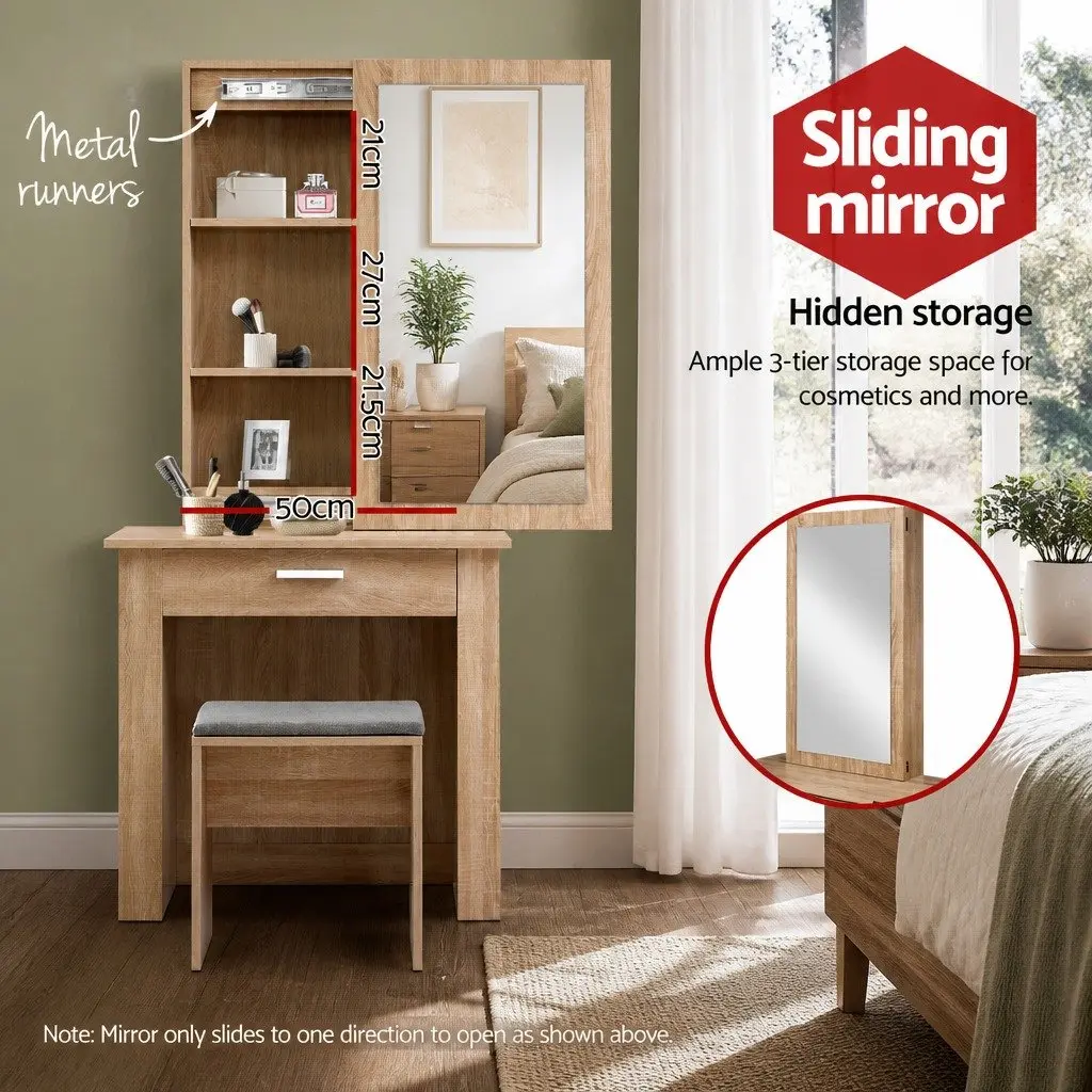 Dressing Table Set Wood Sliding Mirror Bedroom Vanity Storage with Stool