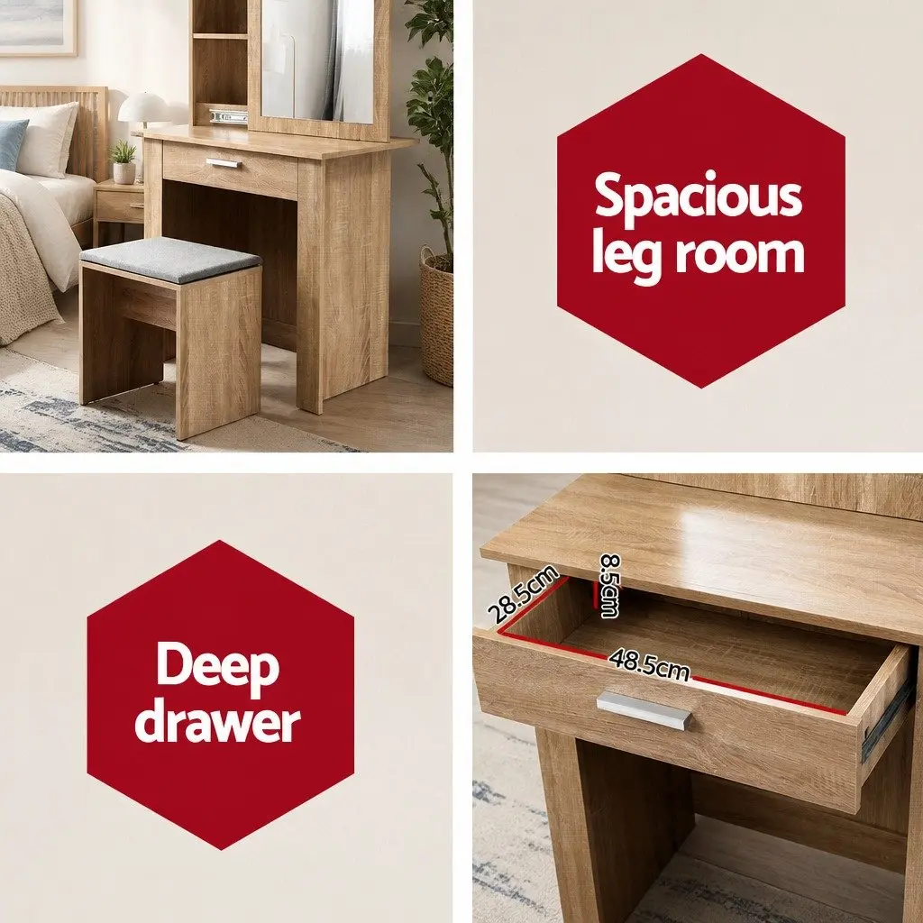 Dressing Table Set Wood Sliding Mirror Bedroom Vanity Storage with Stool