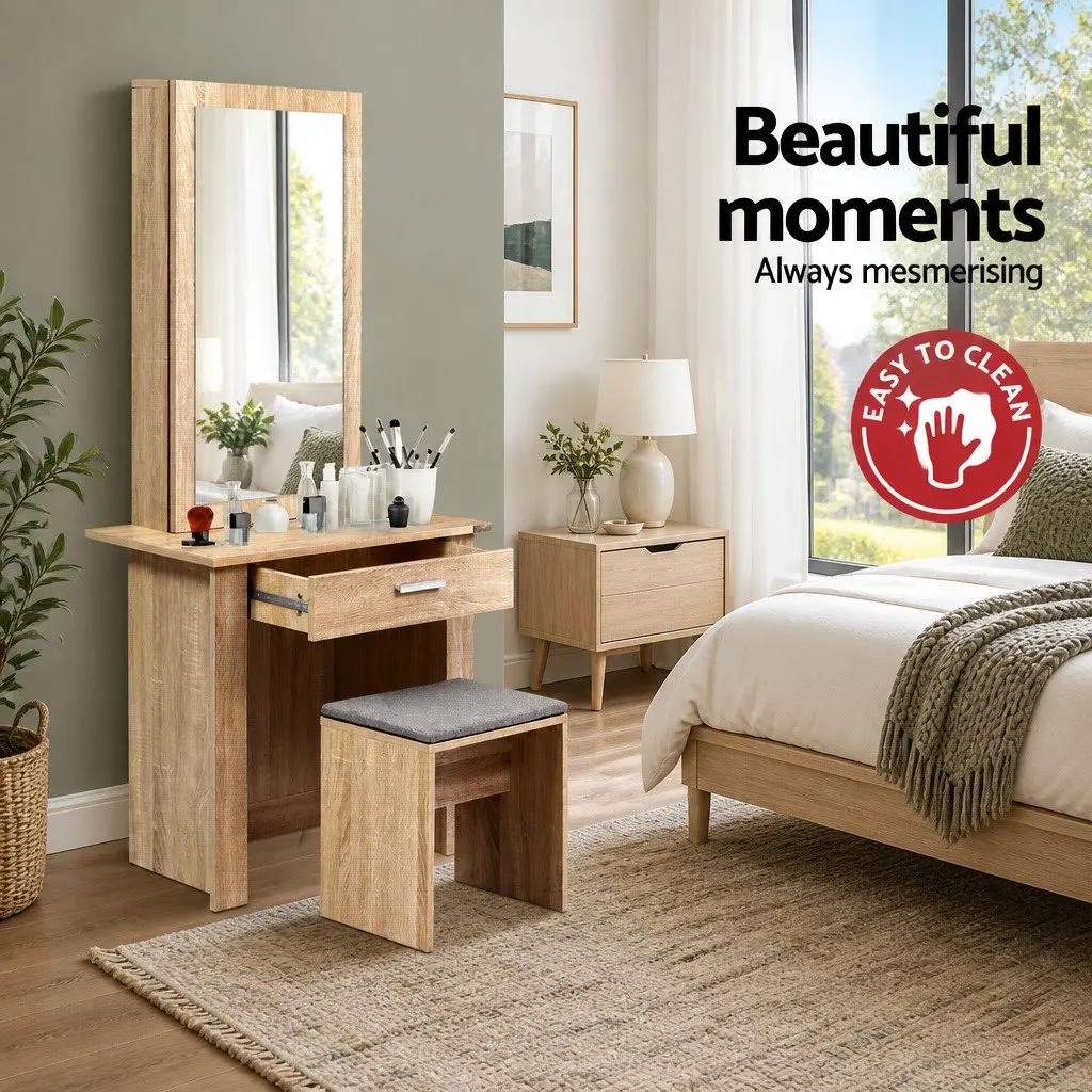 Dressing Table Set Wood Sliding Mirror Bedroom Vanity Storage with Stool