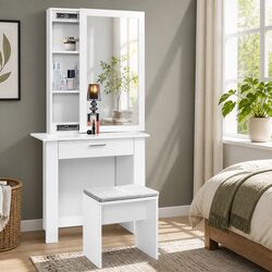 White Vanity Set with Sliding Mirror and Storage