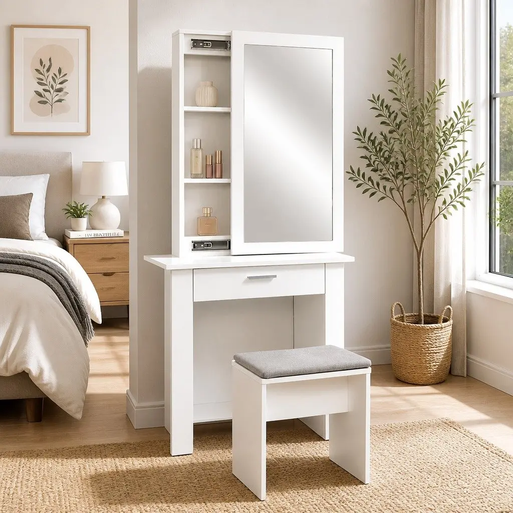 White Vanity Set with Sliding Mirror and Storage
