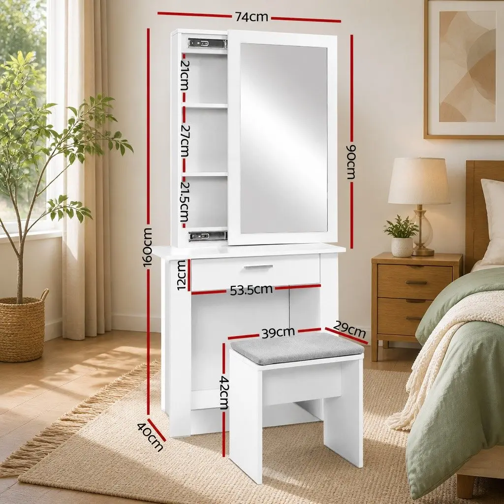 White Vanity Set with Sliding Mirror and Storage
