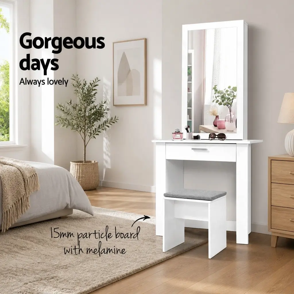 White Vanity Set with Sliding Mirror and Storage