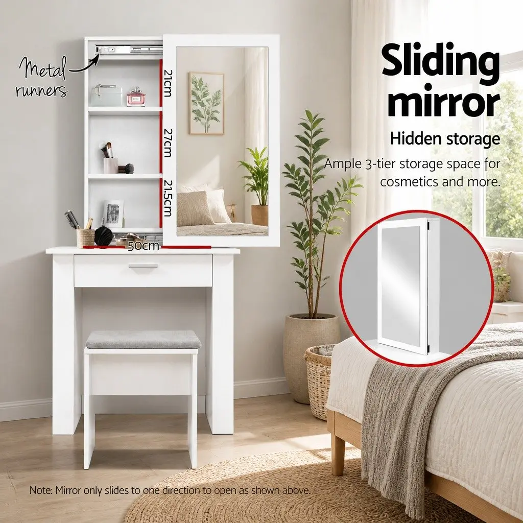 White Vanity Set with Sliding Mirror and Storage