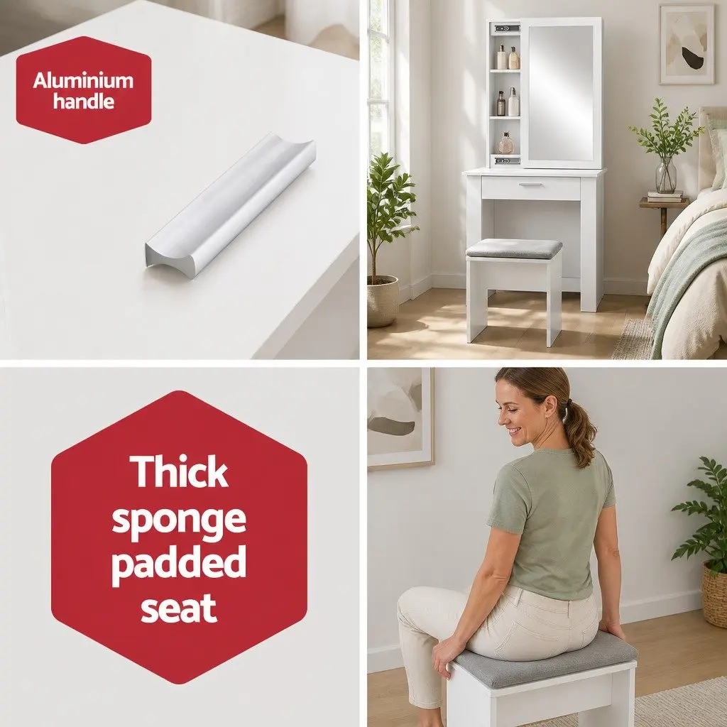 White Vanity Set with Sliding Mirror and Storage