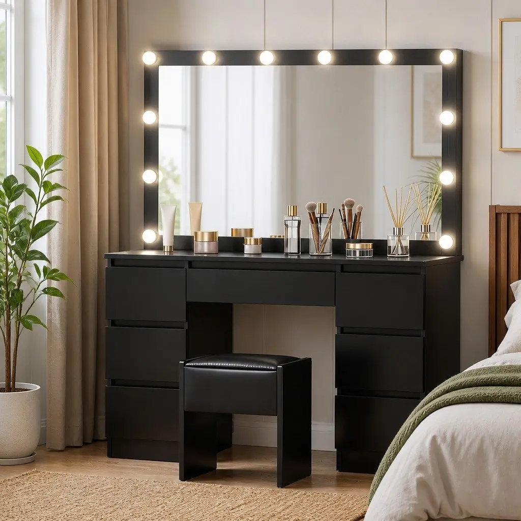 Black Dressing Table Vanity Set with LED Mirror and Stool