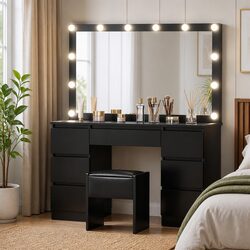 Black Dressing Table Vanity Set with LED Mirror and Stool
