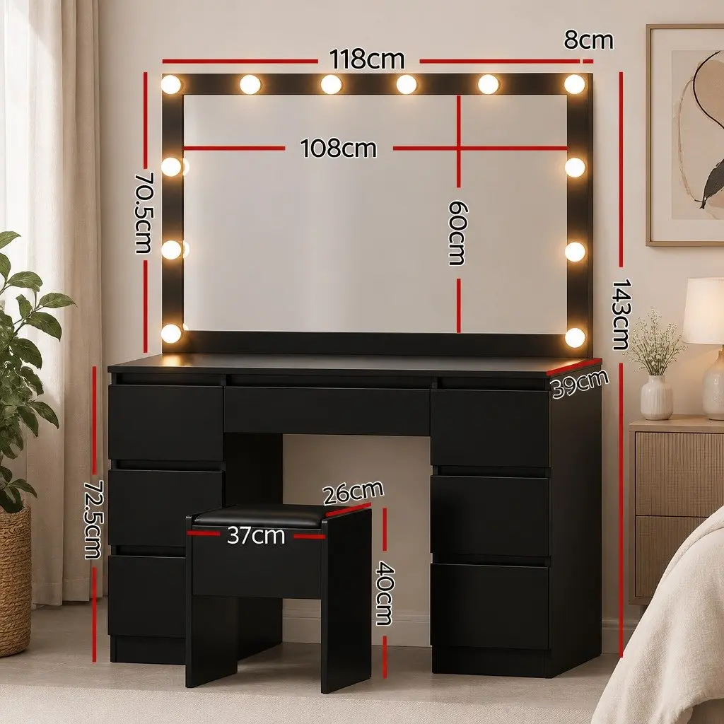 Dressing Table Vanity Desk Set Black with LED Bulbs Mirror and Foam Padded Stool