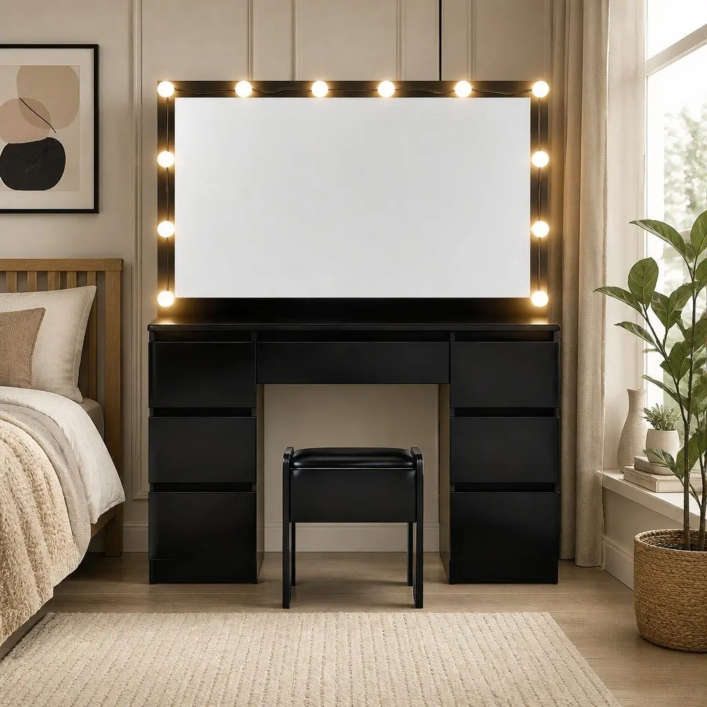 Dressing Table Vanity Desk Set Black with LED Bulbs Mirror and Foam Padded Stool