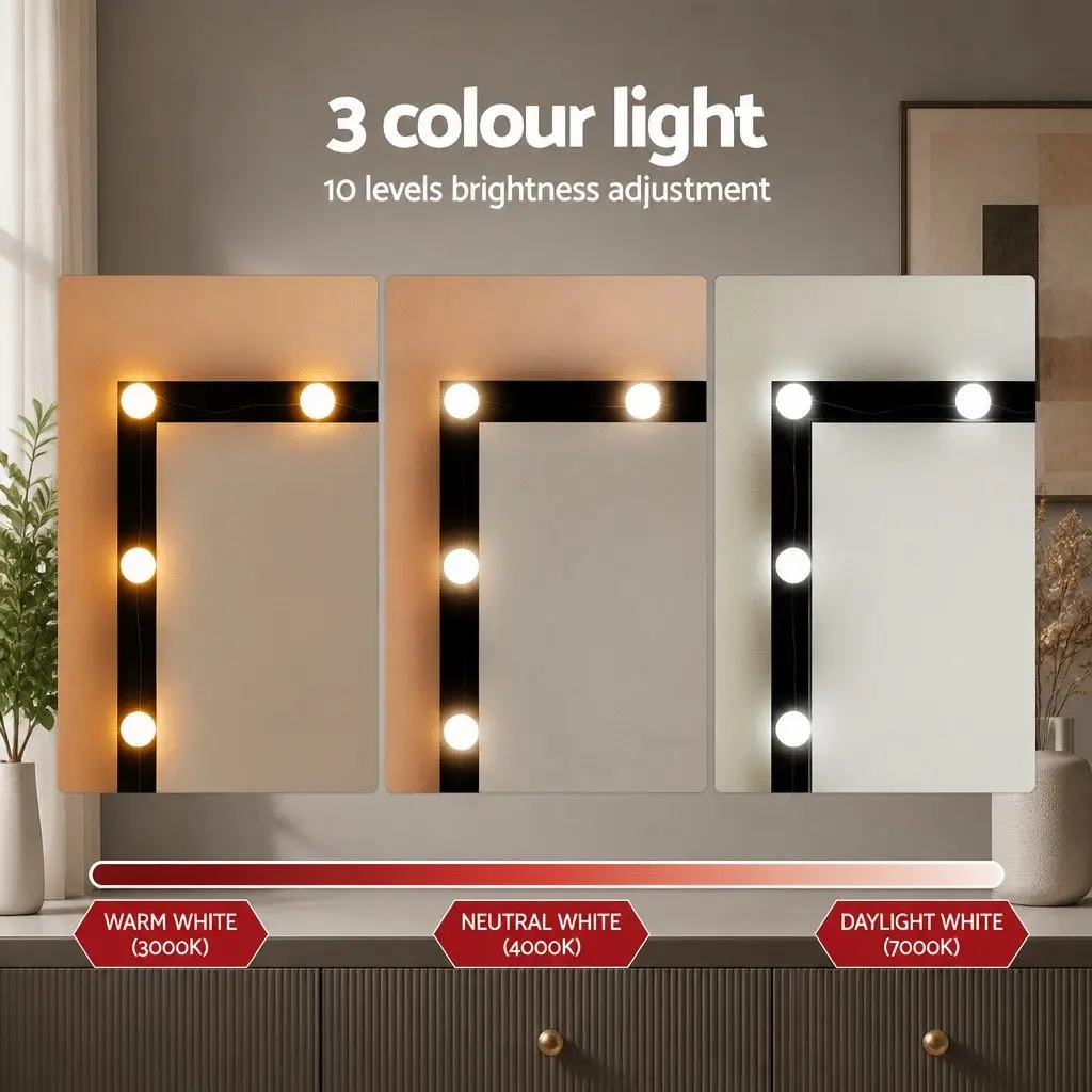 Dressing Table Vanity Desk Set Black with LED Bulbs Mirror and Foam Padded Stool