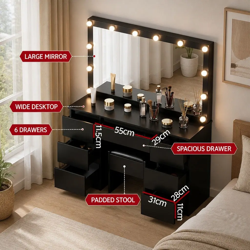 Dressing Table Vanity Desk Set Black with LED Bulbs Mirror and Foam Padded Stool