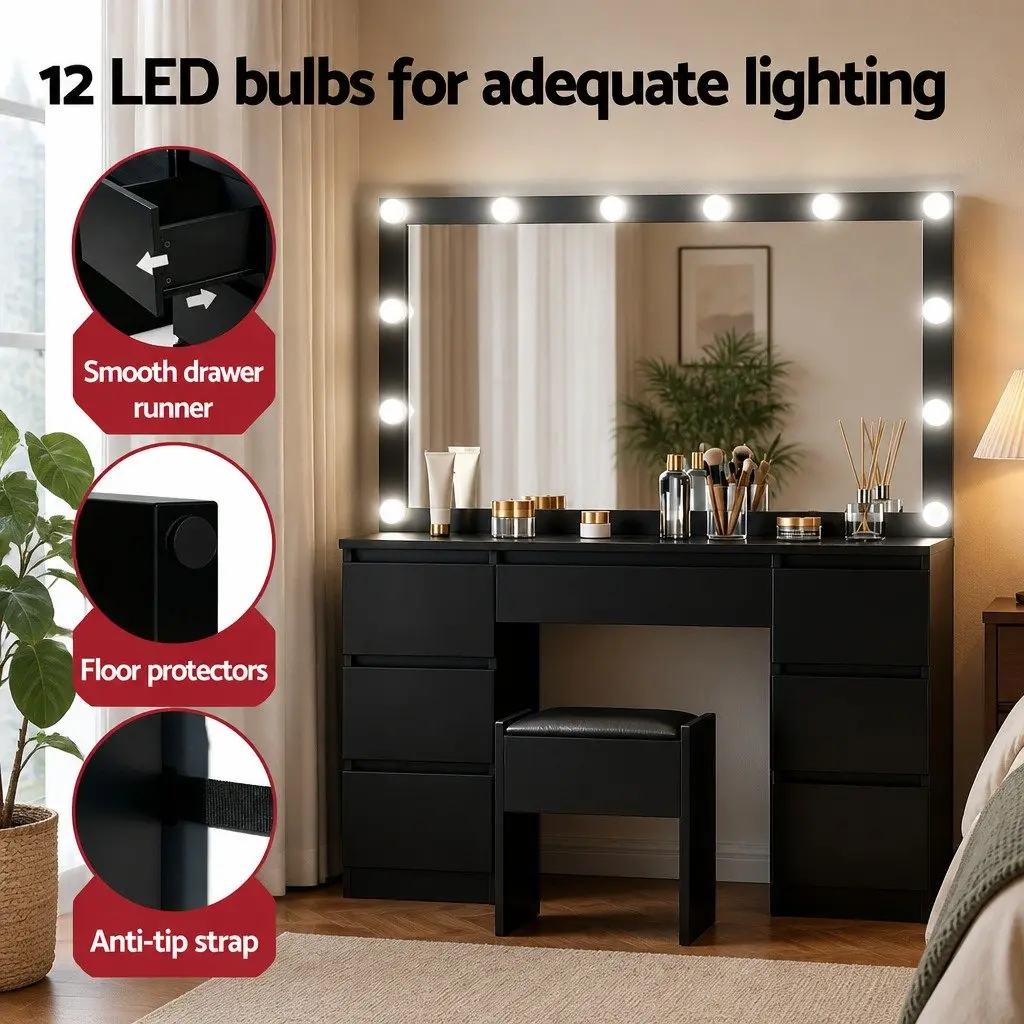 Dressing Table Vanity Desk Set Black with LED Bulbs Mirror and Foam Padded Stool