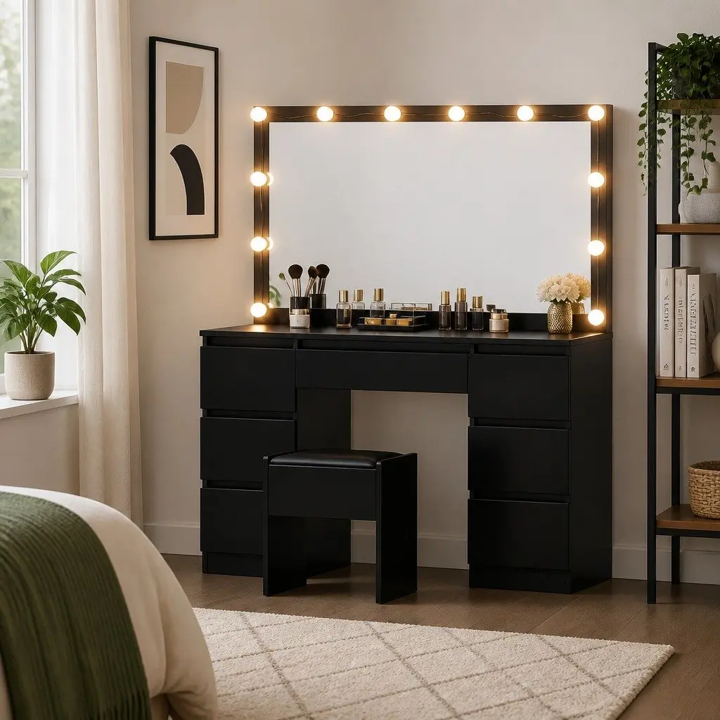 Dressing Table Vanity Desk Set Black with LED Bulbs Mirror and Foam Padded Stool