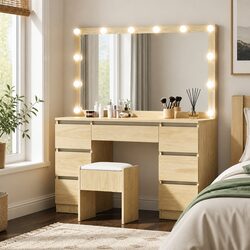 Contemporary Vanity Desk Set with Stool and LED Mirror