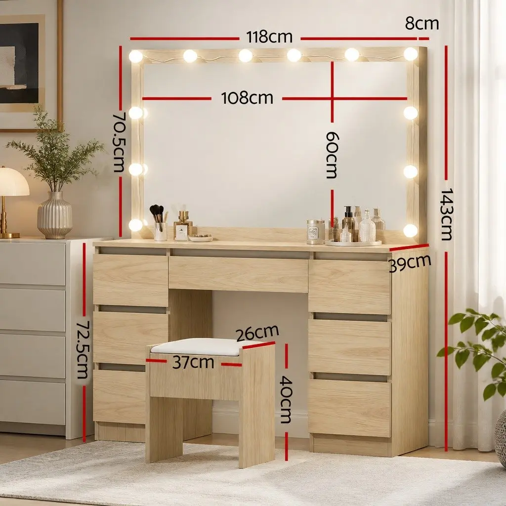 Vanity Desk Set with Stool and LED Mirror