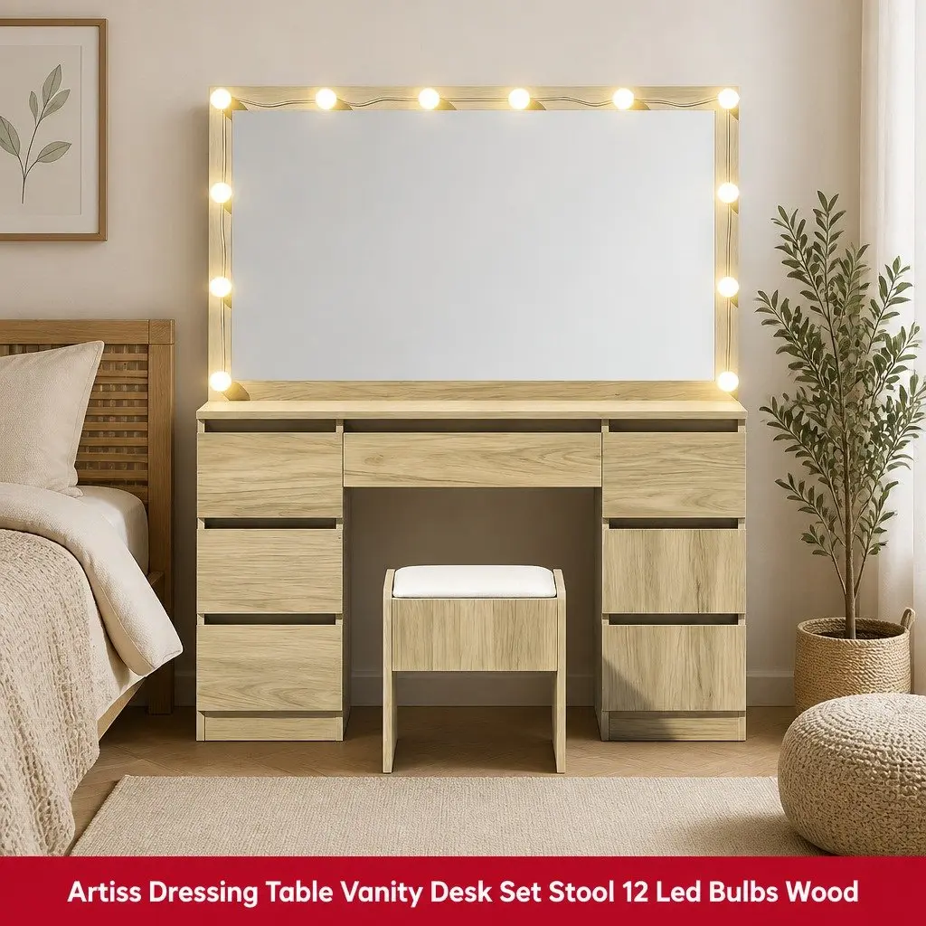 Vanity Desk Set with Stool and LED Mirror