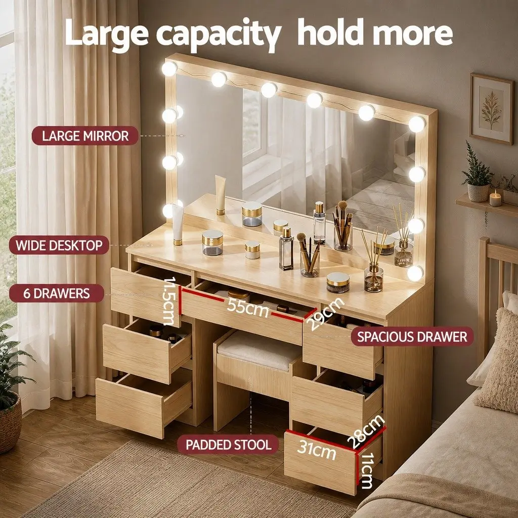 Vanity Desk Set with Stool and LED Mirror