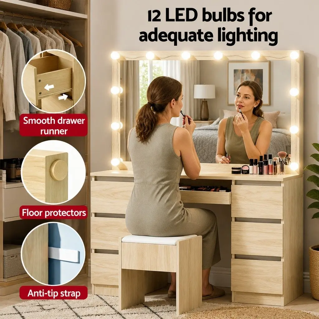 Vanity Desk Set with Stool and LED Mirror