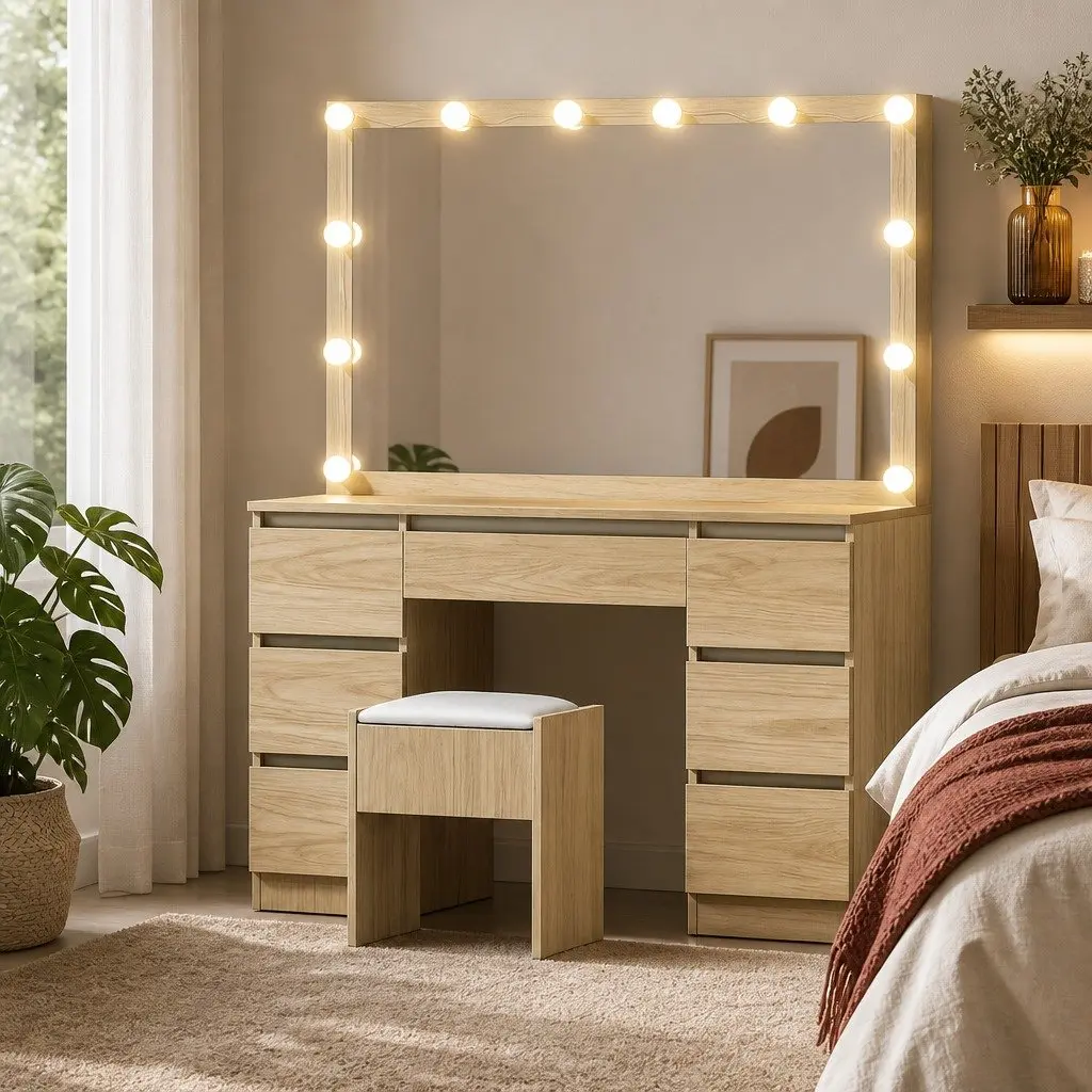 Vanity Desk Set with Stool and LED Mirror