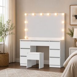 White Makeup Vanity Set with LED Bulbs and Stool