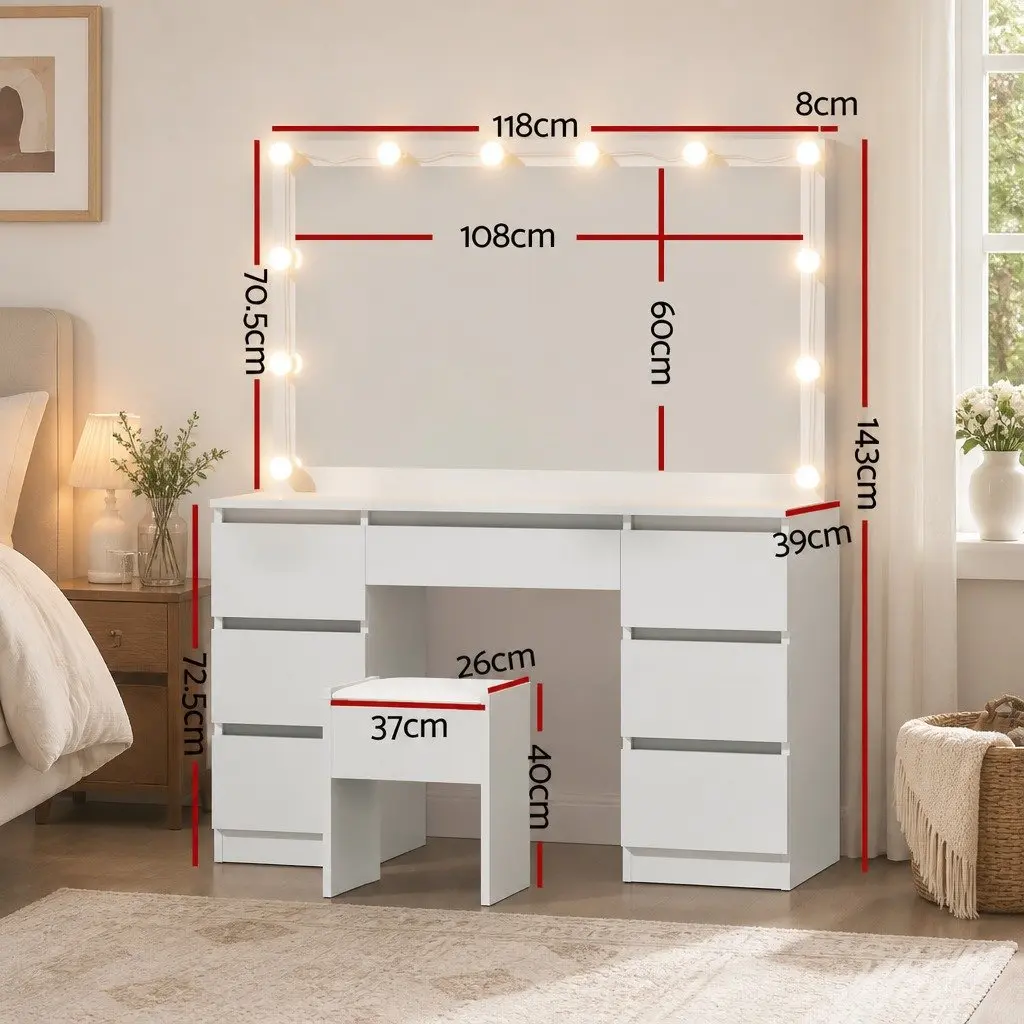 Dressing Table Vanity Desk Set White 12 LED Bulbs Makeup Mirror with Stool