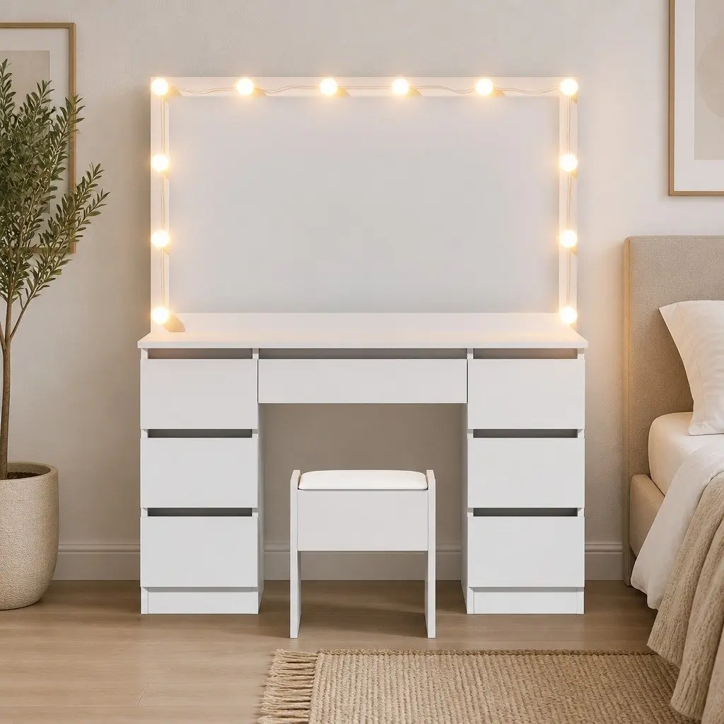 Dressing Table Vanity Desk Set White 12 LED Bulbs Makeup Mirror with Stool