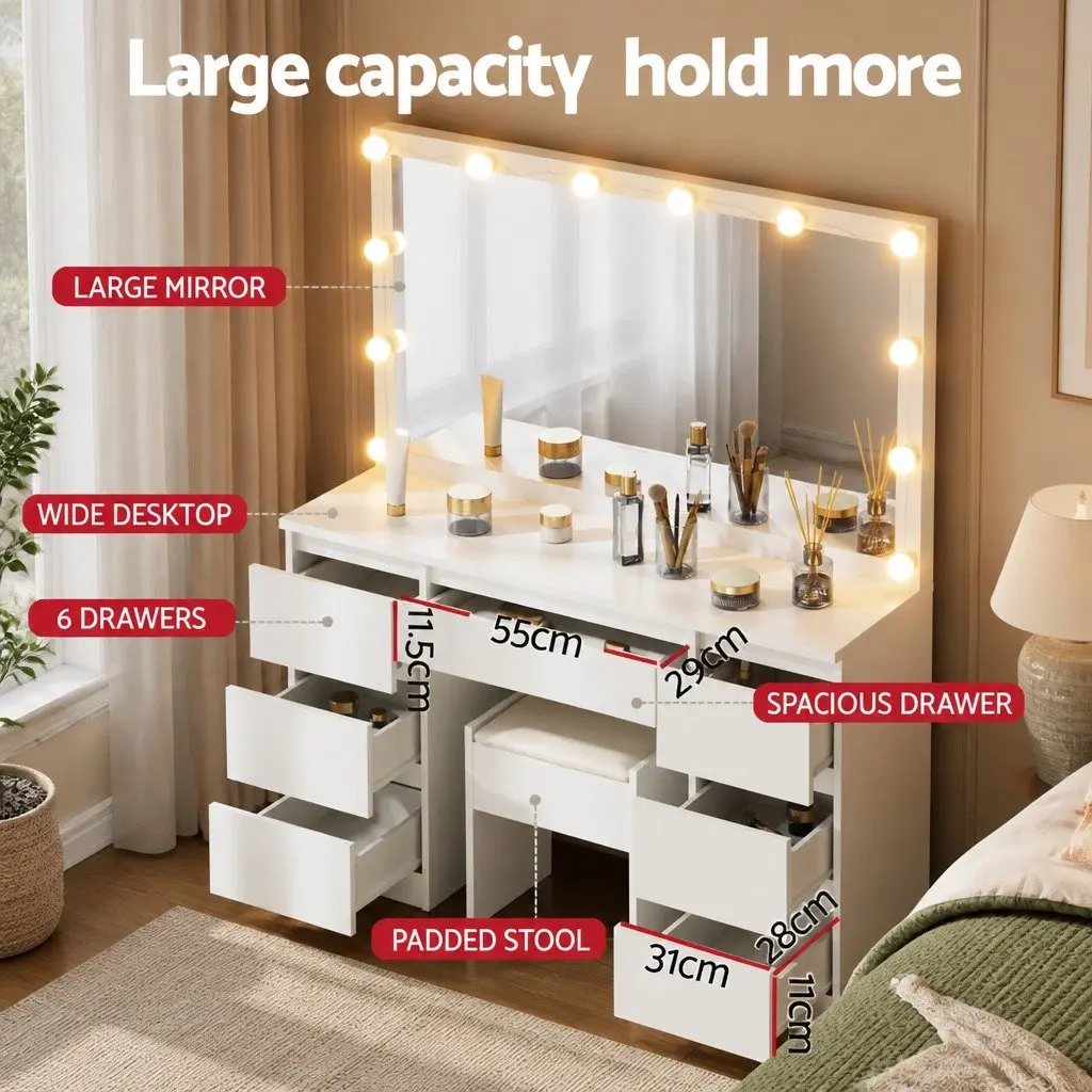 Dressing Table Vanity Desk Set White 12 LED Bulbs Makeup Mirror with Stool