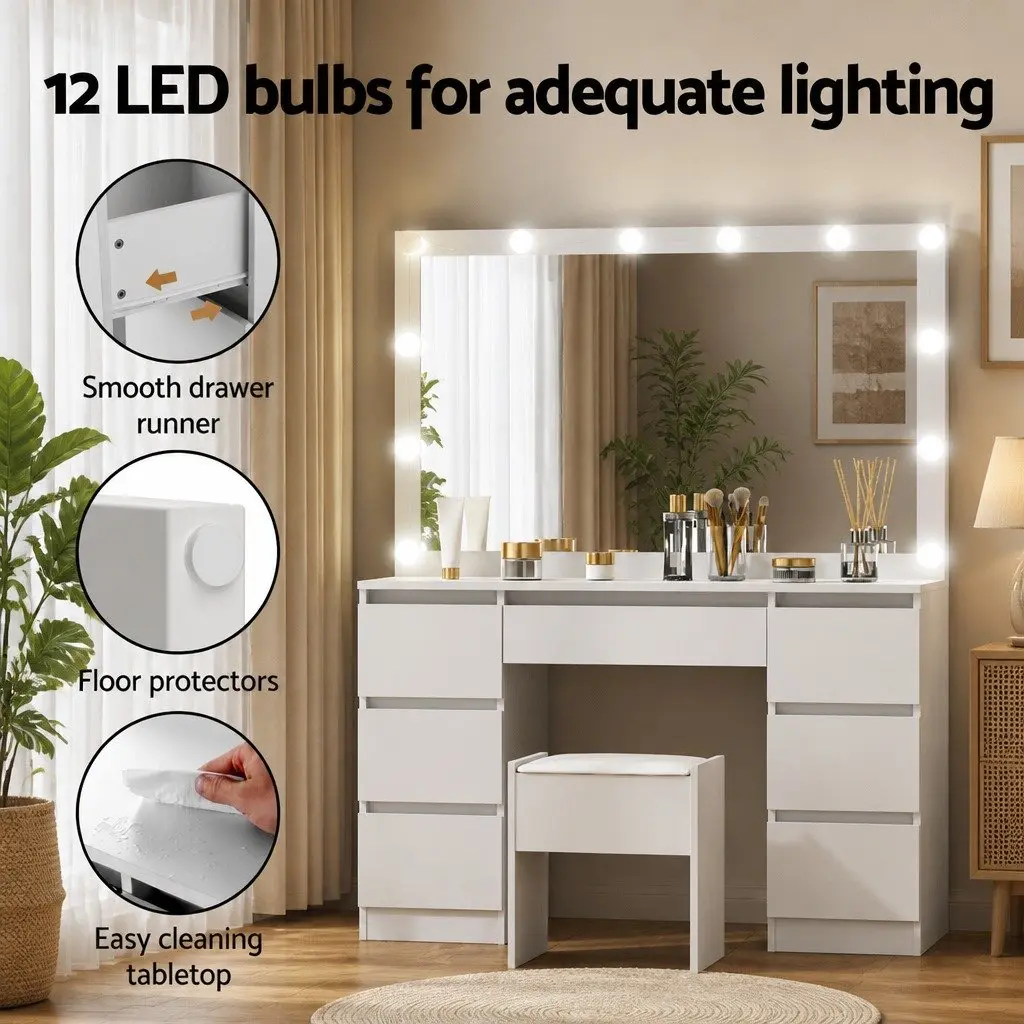 Dressing Table Vanity Desk Set White 12 LED Bulbs Makeup Mirror with Stool