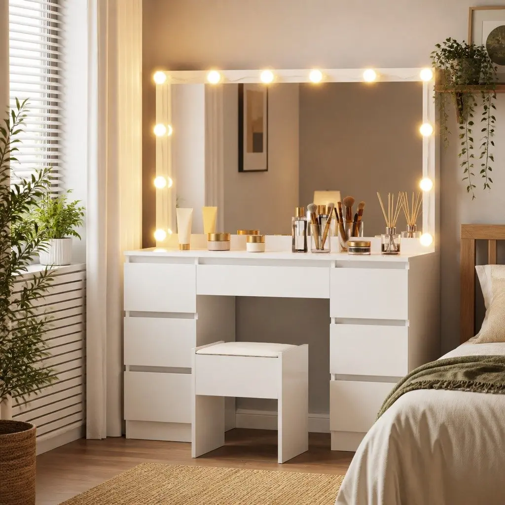 Dressing Table Vanity Desk Set White 12 LED Bulbs Makeup Mirror with Stool