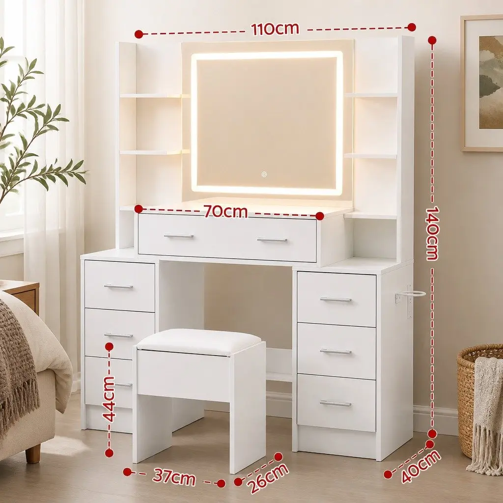 Dressing Table Vanity Desk Set White LED Mirror Charging Station Stool E1 Particle Board Metal PU Leather