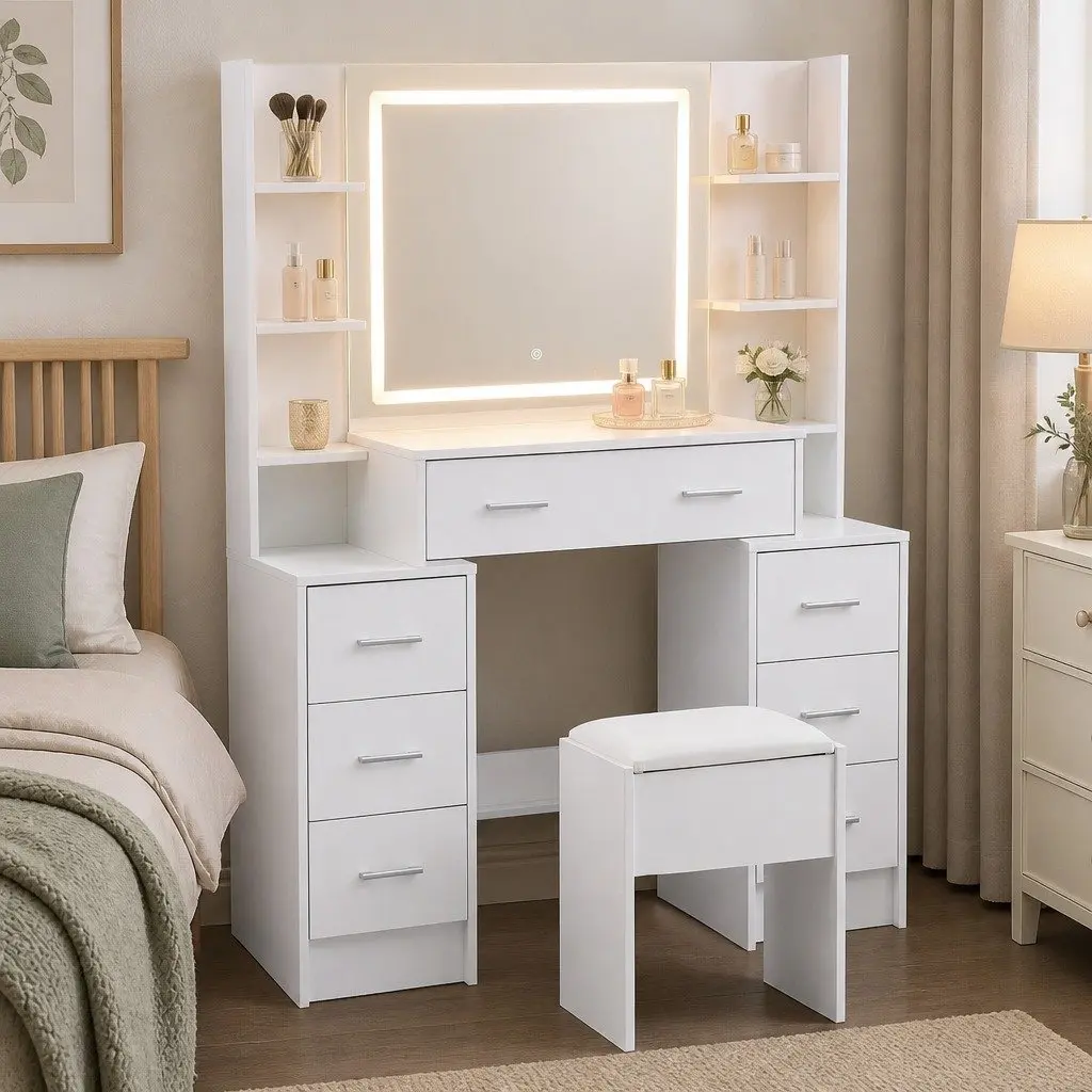Dressing Table Vanity Desk Set White LED Mirror Charging Station Stool E1 Particle Board Metal PU Leather