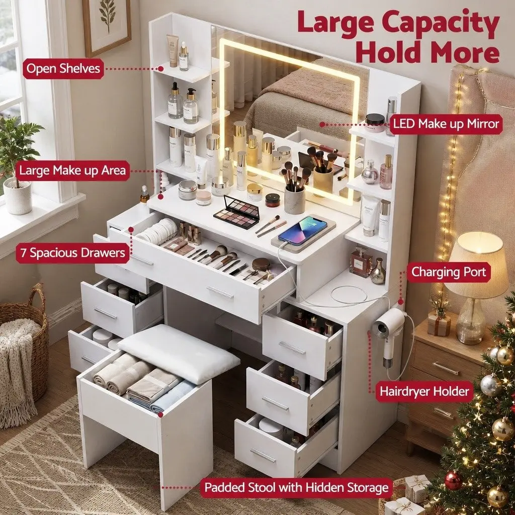 Dressing Table Vanity Desk Set White LED Mirror Charging Station Stool E1 Particle Board Metal PU Leather