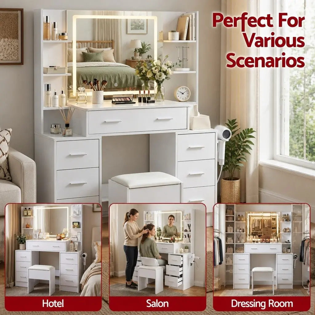 Dressing Table Vanity Desk Set White LED Mirror Charging Station Stool E1 Particle Board Metal PU Leather