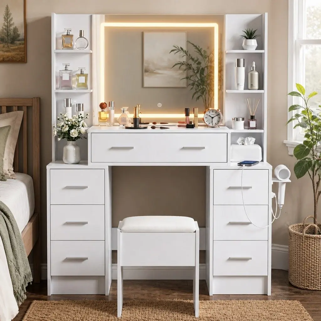 Dressing Table Vanity Desk Set White LED Mirror Charging Station Stool E1 Particle Board Metal PU Leather