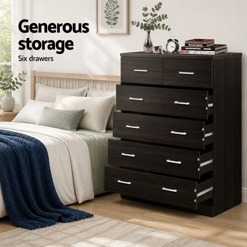 6 Drawer Chest Tallboy Bedroom Storage Cabinet Walnut Contemporary Design