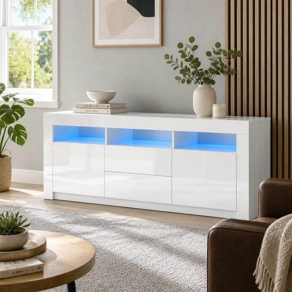 White LED Entertainment Unit 160cm for Living Rooms