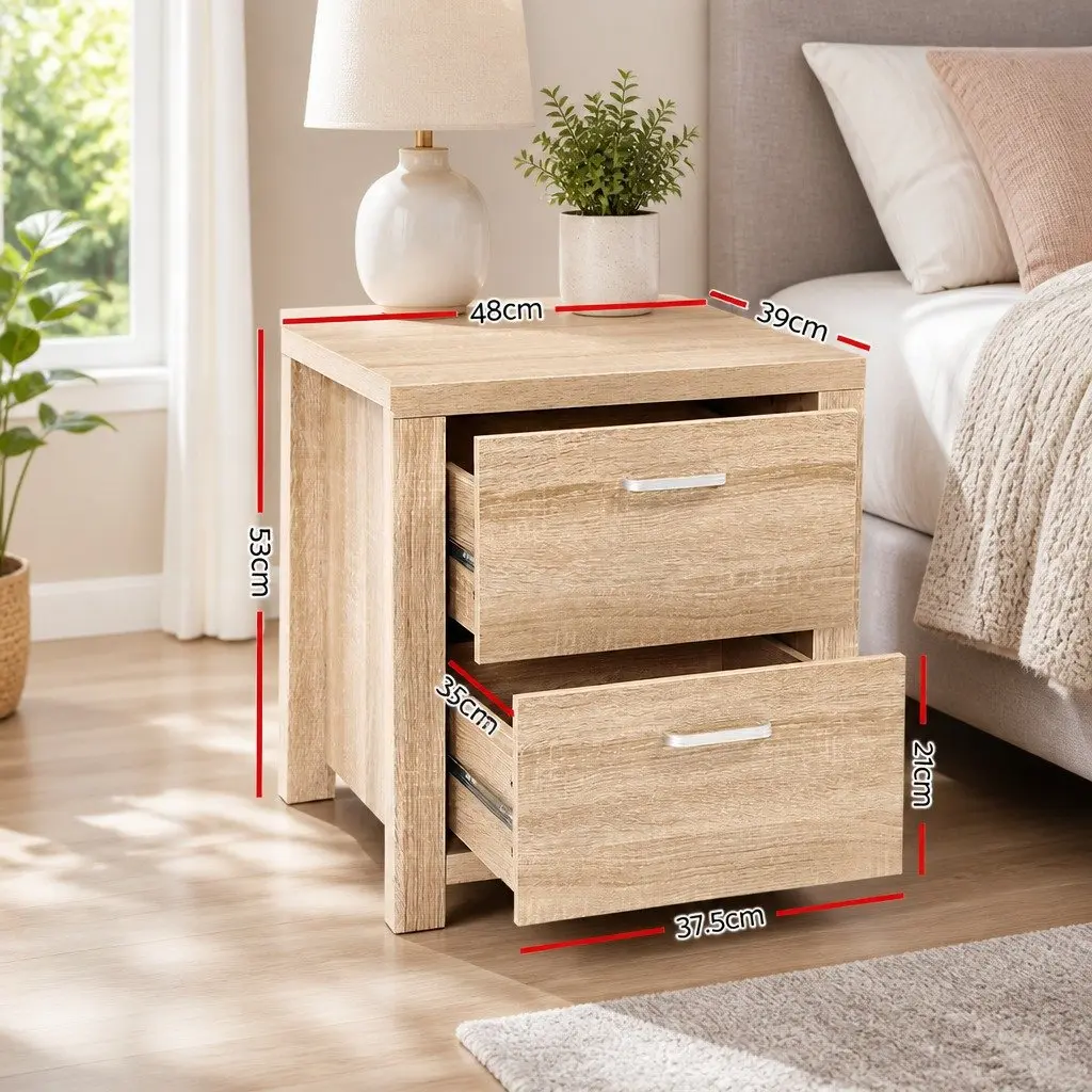 Bedside Table Natural Wood 2 Drawers Storage Bedroom Nightstand 48cm x 39cm x 53cm