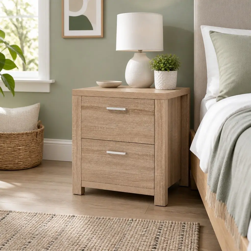 Bedside Table Natural Wood 2 Drawers Storage Bedroom Nightstand 48cm x 39cm x 53cm