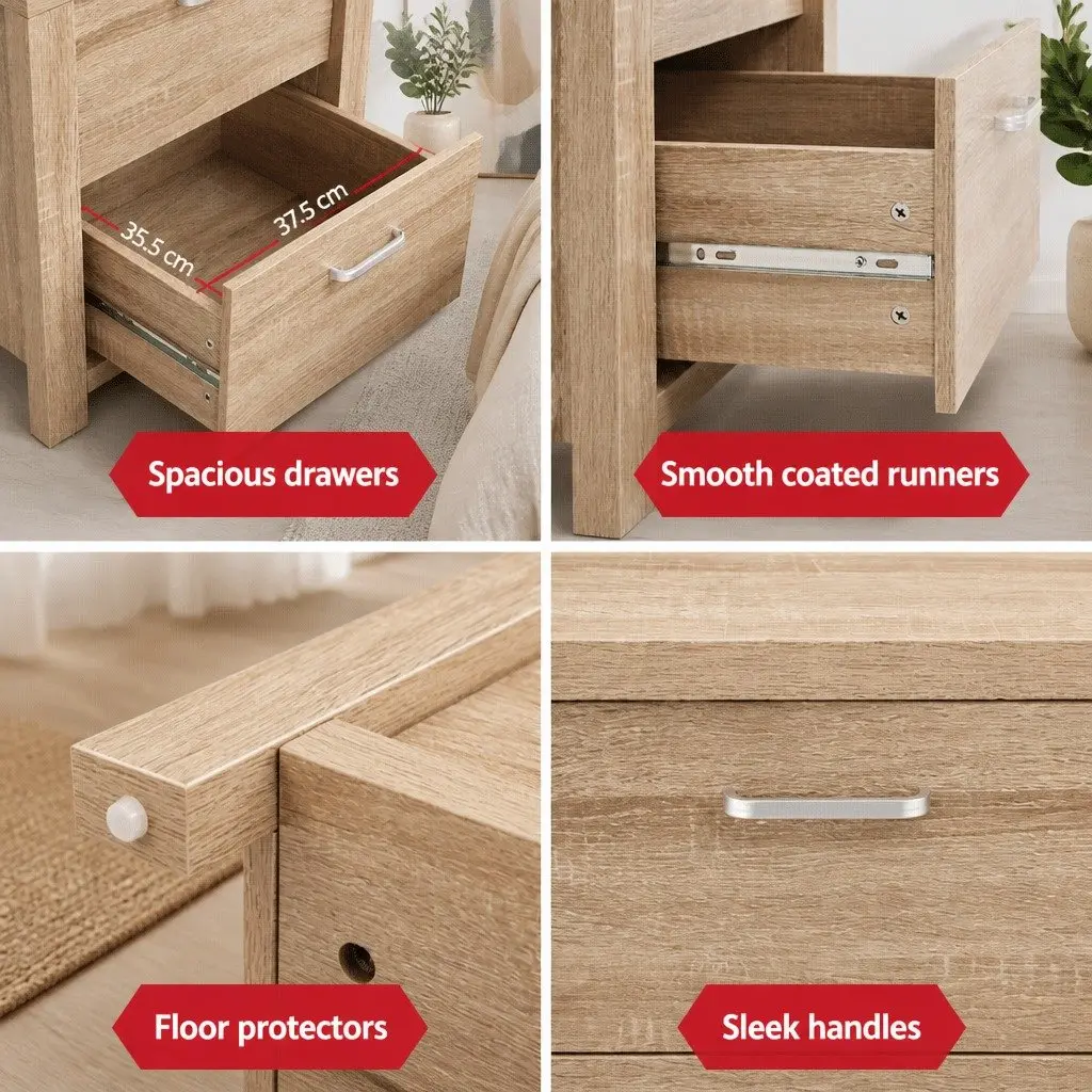 Bedside Table Natural Wood 2 Drawers Storage Bedroom Nightstand 48cm x 39cm x 53cm