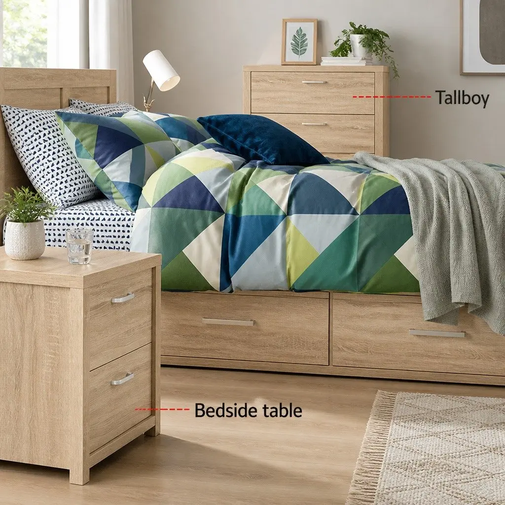 Bedside Table Natural Wood 2 Drawers Storage Bedroom Nightstand 48cm x 39cm x 53cm