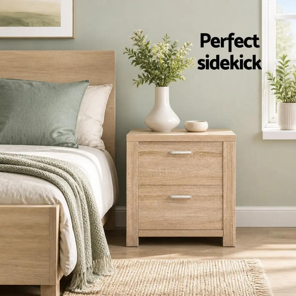 Bedside Table Natural Wood 2 Drawers Storage Bedroom Nightstand 48cm x 39cm x 53cm